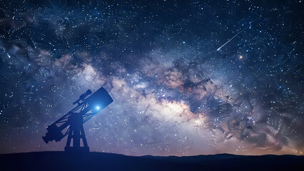 Naklejka premium Telescope capturing stunning Milky Way galaxy with shooting star