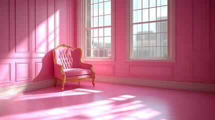 Pink room with ornate chair, sunlight