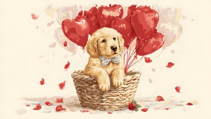 Adorable golden retriever puppy celebrating Valentine's Day in a whimsical basket filled with floating red heart balloons and a charming bow tie accent, surrounded by delicate rose petals on a dreamy 