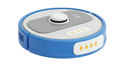 Blue and gray robot vacuum cleaner with power button and indicators