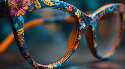 Stylish floral eyeglasses resting on a reflective surface, showcasing intricate patterns and vibrant colors