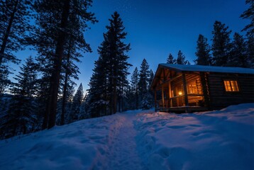 Lone Wooden Cabin in a Snowy Pine Forest at Twilight with Warm Window Light