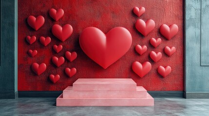 Pink steps, red hearts on textured wall