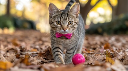 Playful tabby cat in fall leaves