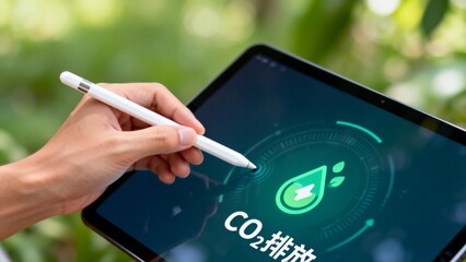 Hand using stylus on tablet with CO2 icon