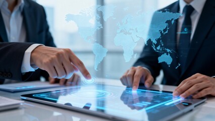 Businessmen using futuristic tablet