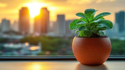 Potted plant on windowsill, sunset city view