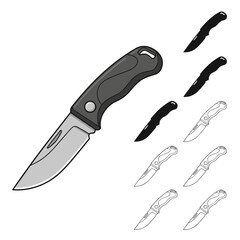 Obraz premium Multiple views of a folding pocket knife shown in various formats including color, grayscale, detailed line art, and black silhouettes.