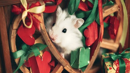 Cute hamster curiously peeking out from a festively decorated exercise wheel featuring heart motifs, encircled by miniature wrapped gifts and silky ribbons in a macro close-up with dreamy bokeh effect