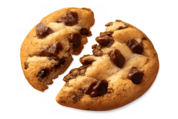 Delicious chocolate chip cookie broken in half, revealing the soft interior and chocolate chunks, ready for a sweet treat