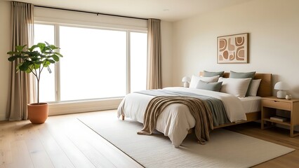 Fototapeta premium Serene Bedroom Interior with Minimalist Decor and Natural Light
