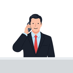 Professional businessman in a suit smiling while talking on phone. Depicts effective business communication and customer service by a confident male executive