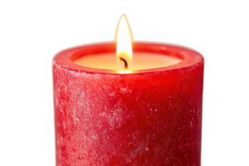 A close-up view of a lit red candle with a bright flame isolated on transparent background