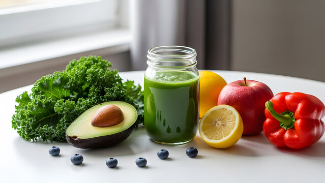 A healthy green smoothie surrounded by fresh fruits and vegetables on a white table - Powered by Adobe