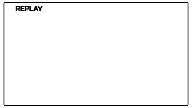 text REPLAY on a black background with black border replay symbol.