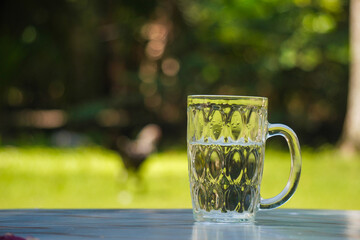 Clear Glass Mug with Green Tea Outdoor Setting.