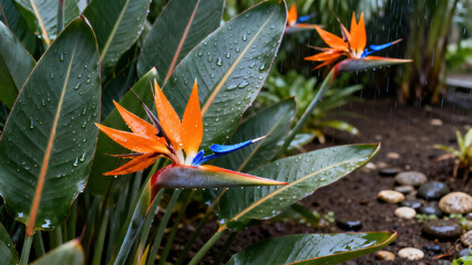 Obraz premium Birds of Paradise after Summer Rain—5 Orange/Blue Exotic Blooms in Tropical Garden, Raindrops on Large Green Leaves, Wet Soil & Pebbles, Soft Overcast Light