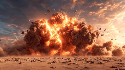Massive Explosion in Desert Landscape with Fire and Smoke.