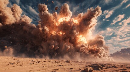 Massive Explosion In Desert Landscape With Dust Clouds.