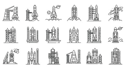Illustrations of rockets and launch pads