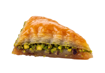 baklava triangle pastry with pistachios glazed top close-up
