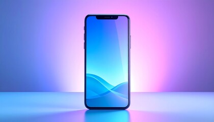 Next-gen smartphone standing upright, soft gradient background, subtle reflections, clean futuristic design, Apple-style product photography