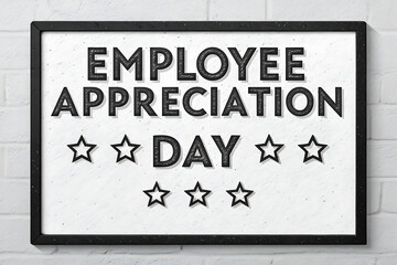 Employee Appreciation Day Framed Sign on White Brick Wall with Stars and Bold Typography

