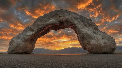 Rock arch at sunrise, fiery sky