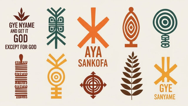 A collection of traditional African Adinkra symbols and designs in various colors and patterns