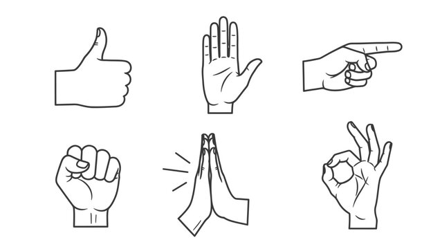 Hand gestures set, line art vector