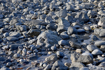Close-up of smooth grey sea pebbles and stones on a wet beach. Natural coastal texture background...