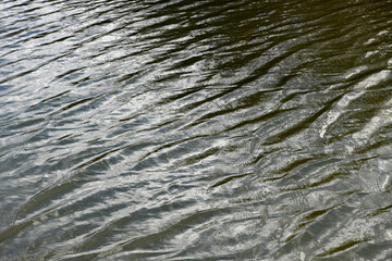 Glistening Mediterranean sea surface at sunset. Golden sunlight reflecting on gentle ripples and waves under a dramatic twilight sky, creating a calm and serene atmosphere.