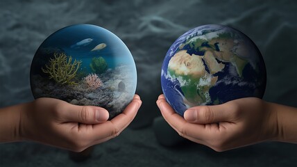 Human hands gently hold two distinct globes, one showing ocean life and the other Earths continents