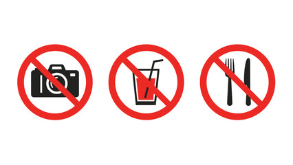 Prohibition signs: No food, drinks, photos