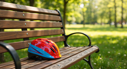 Colorful bicycle helmet resting on a wooden park bench. Red and blue safety gear for cycling outdoors. Sunny summer day background with copy space