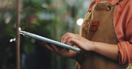 Tablet, typing and plant with hands in store for delivery checklist, email and botany review. Order...