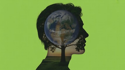 Male profile silhouette showing a double exposure of a towering tree and the Earth globe over a green field