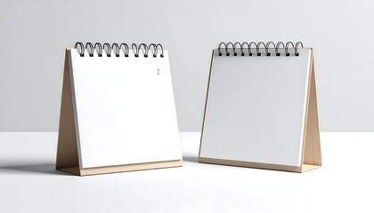 Two blank, tan and white, desktop calendars with wire binding, angled on a white surface