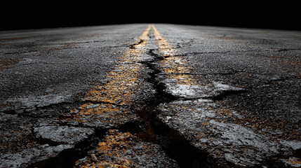 Cracked road with yellow dividing lines, depicting journey and challenges ahead. The damaged asphalt reflects weathering and time passing. The road symbolizes resilience and the passage of life