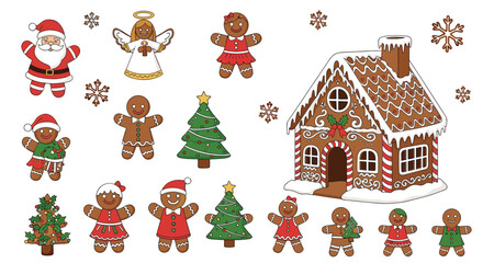 Fototapeta premium A festive collection of gingerbread characters, a house, Santa Claus, and an angel, set against a white background with snowflakes.