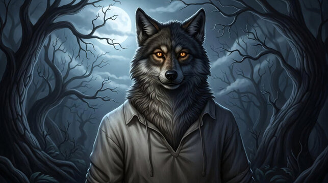 Anthropomorphic wolf character in hoodie under moonlight in eerie forest
