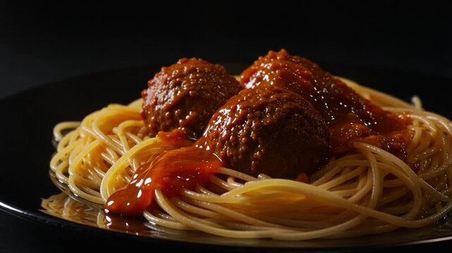 Savory meatballs smothered in rich tomato sauce on spaghetti