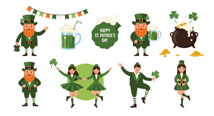 Fototapeta premium A vibrant collection of St. Patrick's Day illustrations featuring cheerful leprechauns, Irish dancers, shamrocks, green beer, and a pot of gold, perfect for festive celebrations.