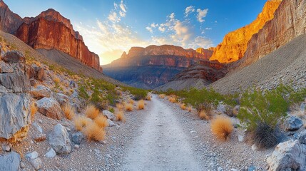 Scenic desert trail at sunset, vibrant canyon