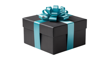 Black gift box with teal ribbon and bow on white background, wrapped present for special occasions