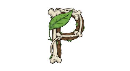 Fototapeta premium Conceptual artistic illustration of the capital letter P, intricately formed by natural bones, textured wood, and a vibrant green leaf.