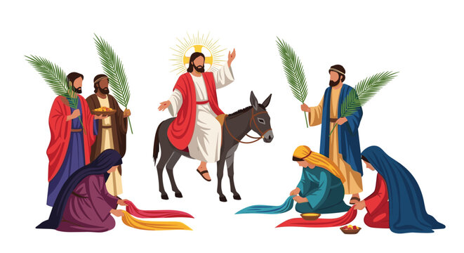 Jesus Christ's triumphal entry into Jerusalem on a donkey, surrounded by a celebratory crowd laying cloaks and waving palm branches.