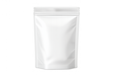 White flexible stand-up pouch mockup with a zipper, blank doypack template for food packaging or product branding, transparent background