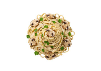 Creamy Italian fettuccine pasta, Alfredo sauce, mushrooms, parsley on white plate against white background with copy space, appetizing Italian comfort food