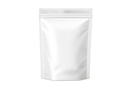 White flexible stand-up pouch mockup with a zipper, blank doypack template for food packaging or product branding, transparent background